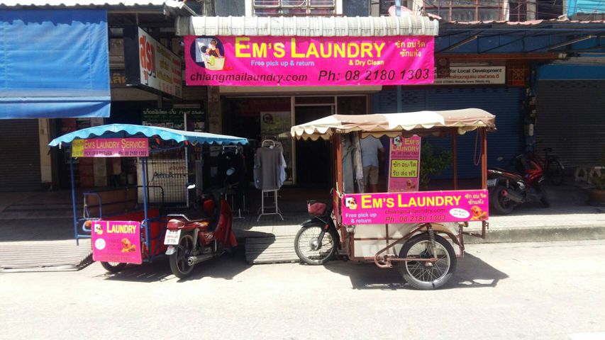 two sidecars outside shop Ems Laundry and Dry cleaning service ChiangMai